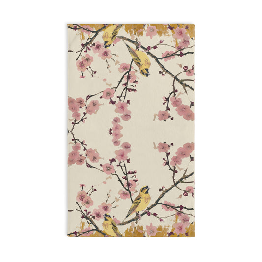 Hand Towel in chinoiserie silkscreen print cherry blossoms branches with canaries