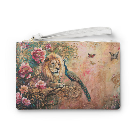 Clutch Bag: Romantic Rococo scenic with Lion and Peacock