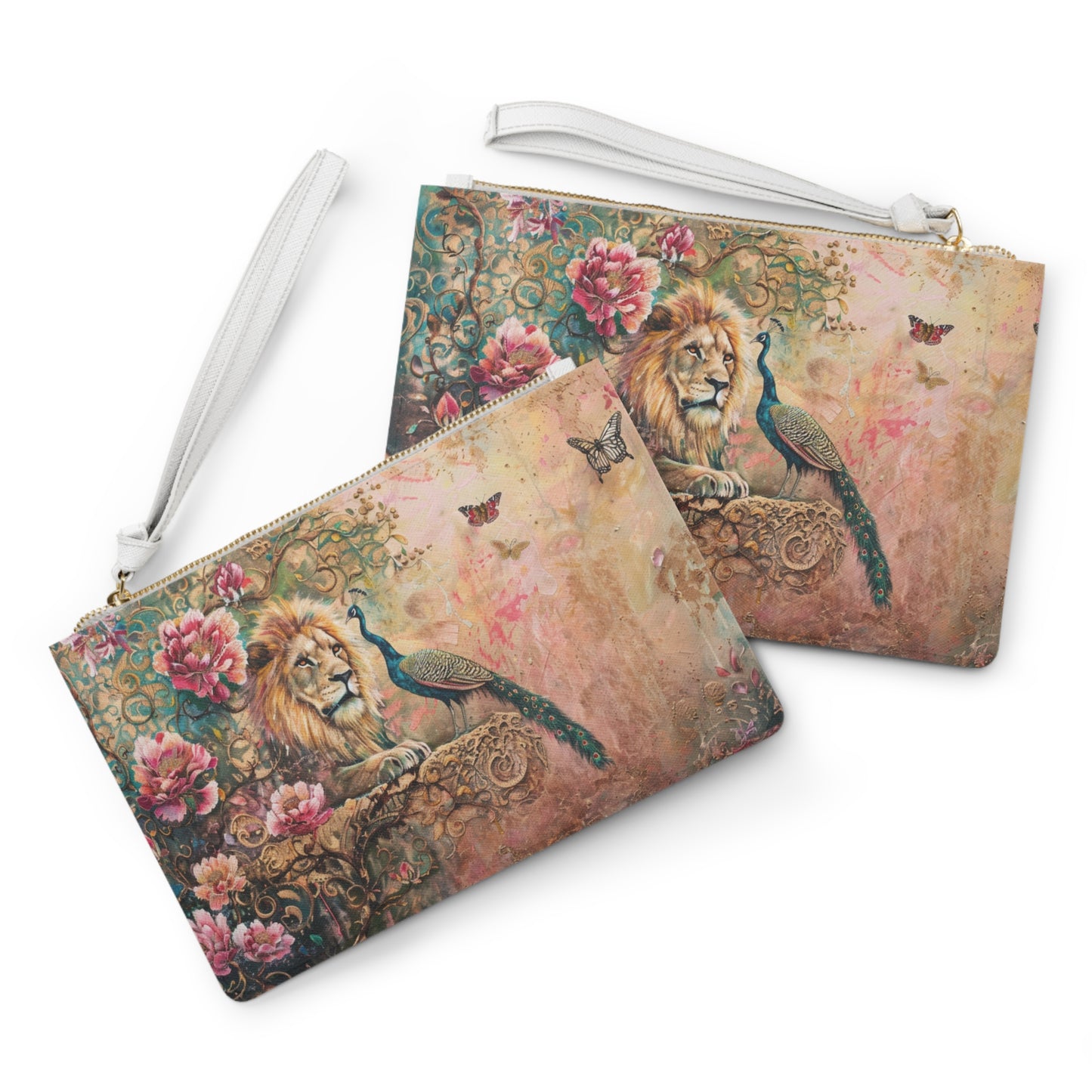 Clutch Bag: Romantic Rococo scenic with Lion and Peacock