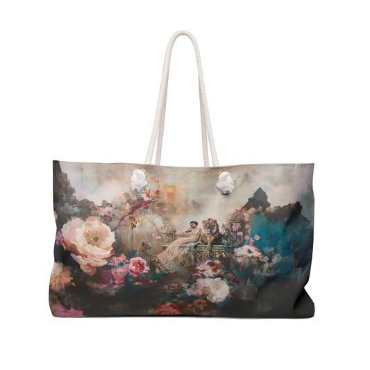 Romantic Weekender Bag Dreamy Floral Rococo Landscape with Lion and Goddess