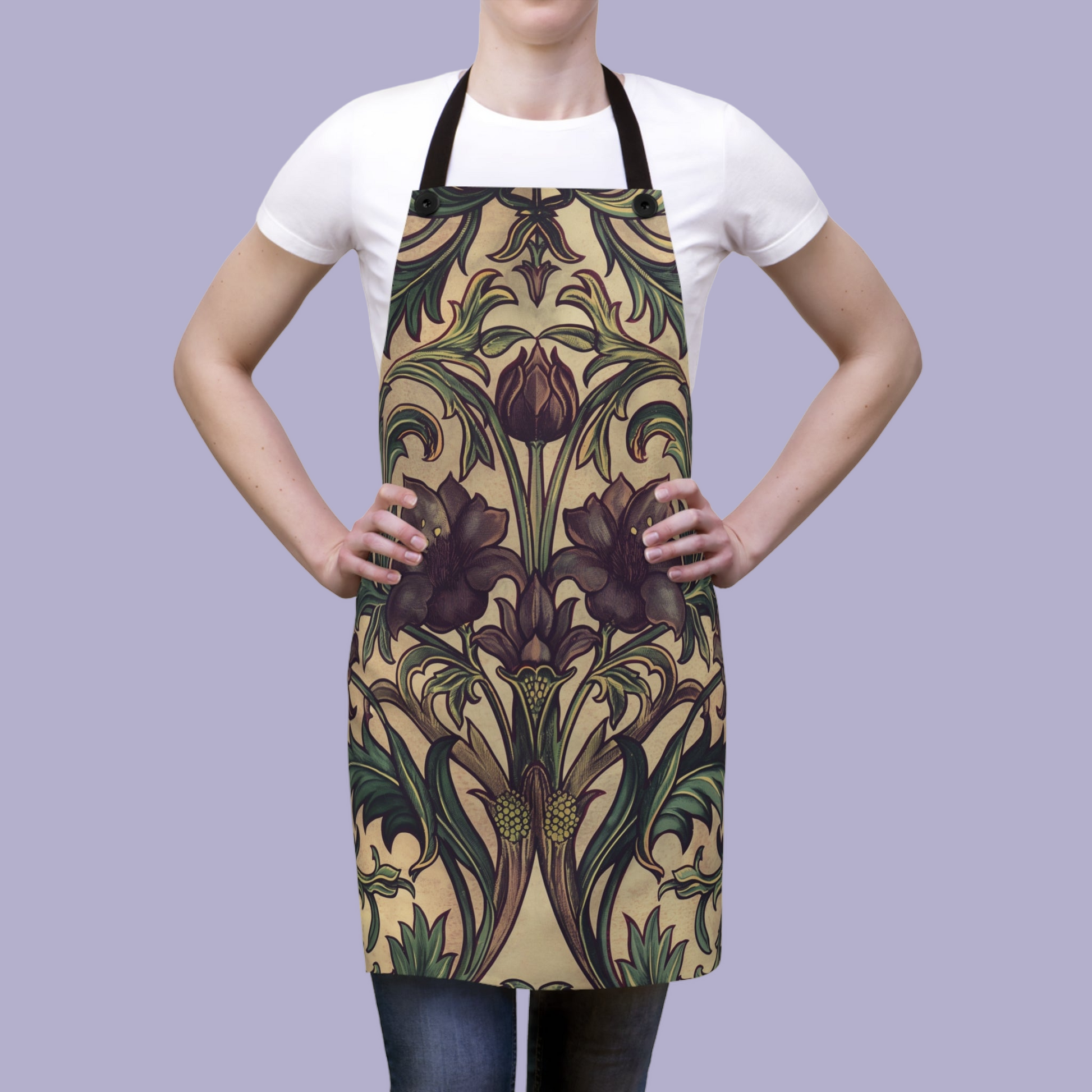 a woman wearing an apron with flowers on it