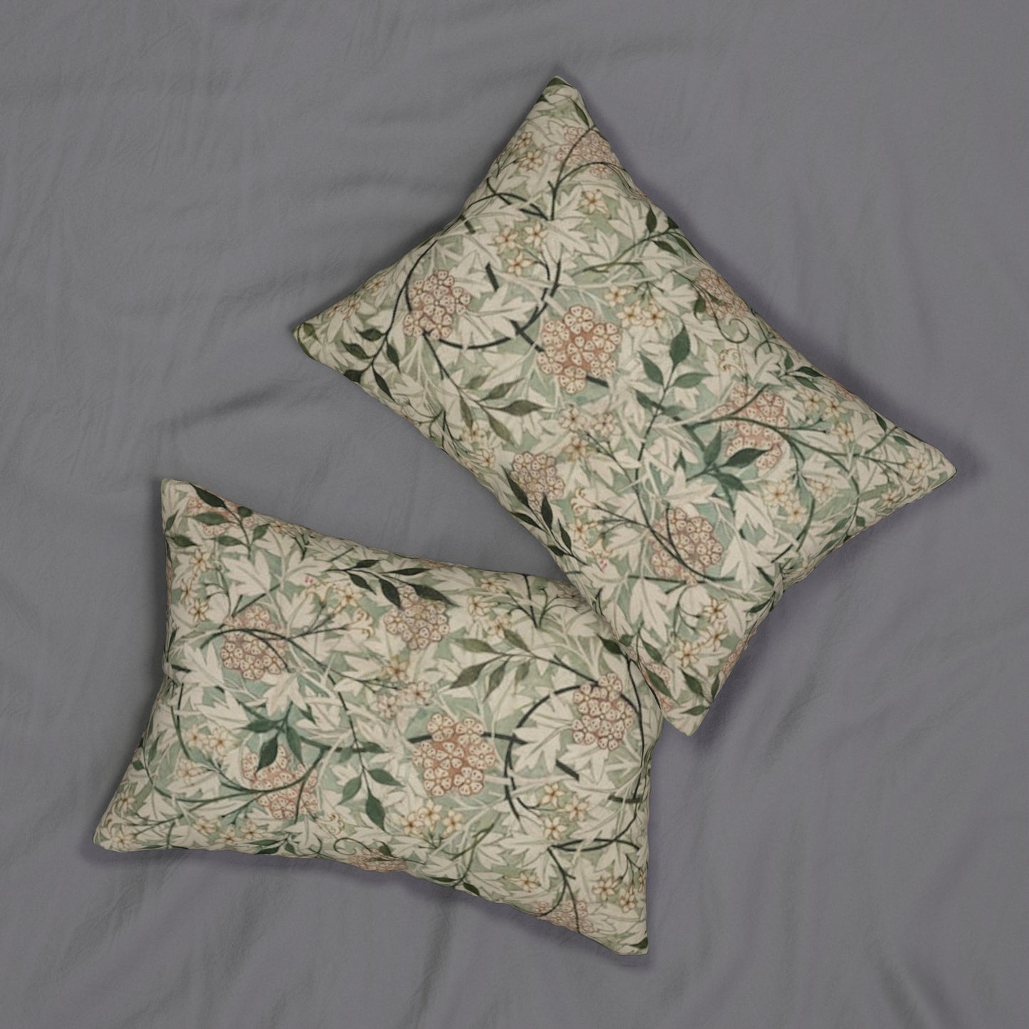 White Jasmine and Hawthorn Vine Lumbar Pillow William Morris Vintage Garden Cushion sage green rectangular pillow