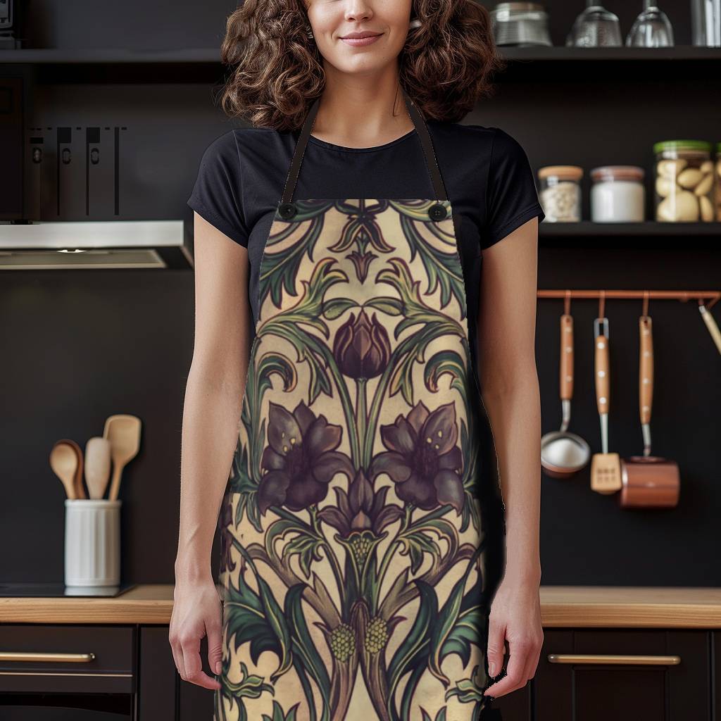 a woman standing in a kitchen wearing an apron