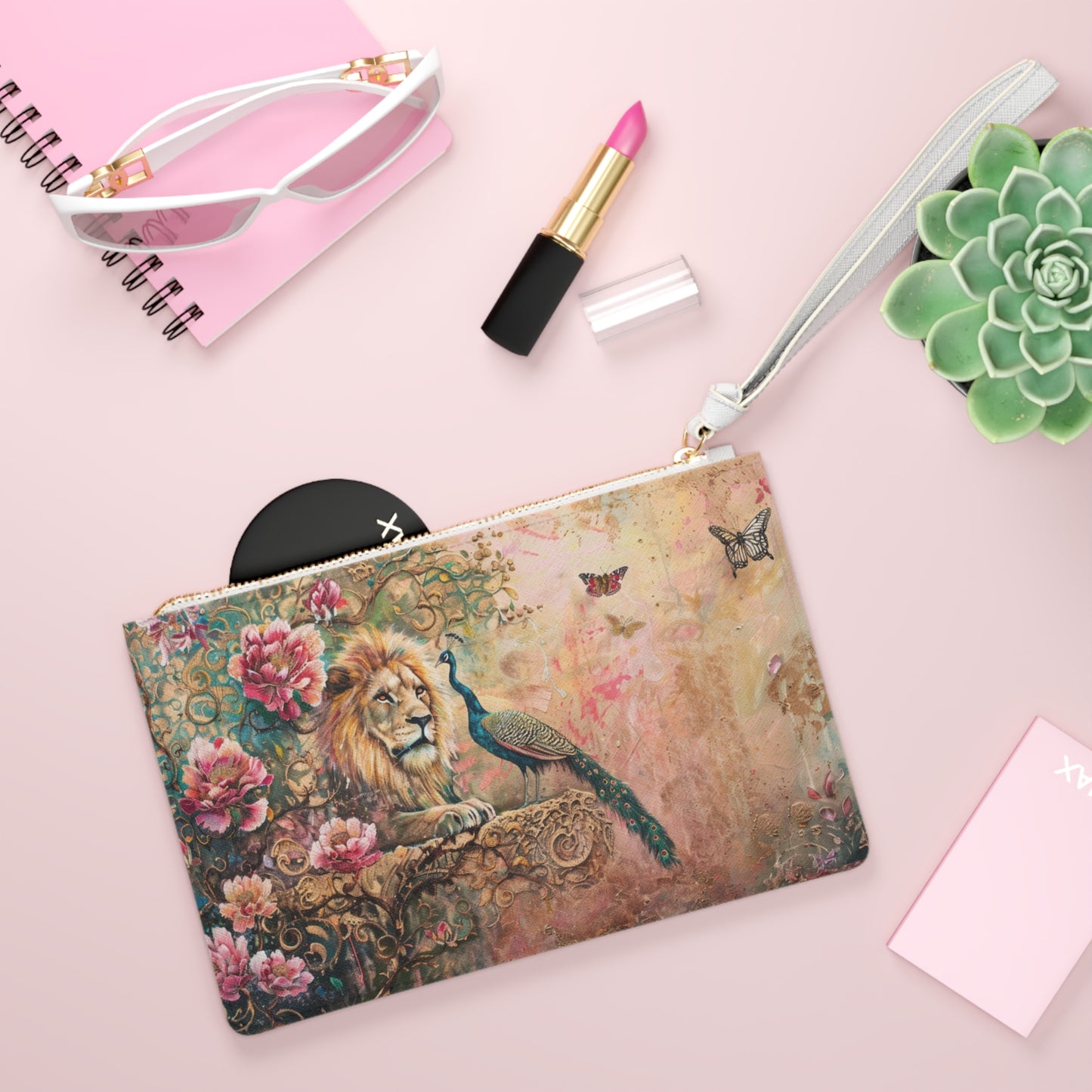 Clutch Bag: Romantic Rococo scenic with Lion and Peacock