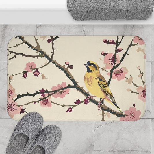 Chinoiserie Cherry Blossom Canary Bath Mat in Silkscreen Orientalist Design