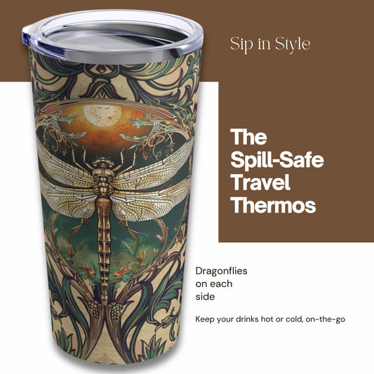 Double Dragonfly Moon Steel Tumbler Thermos Travel Cup