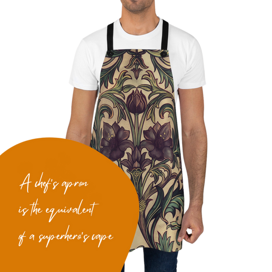 a man wearing an apron with a quote on it