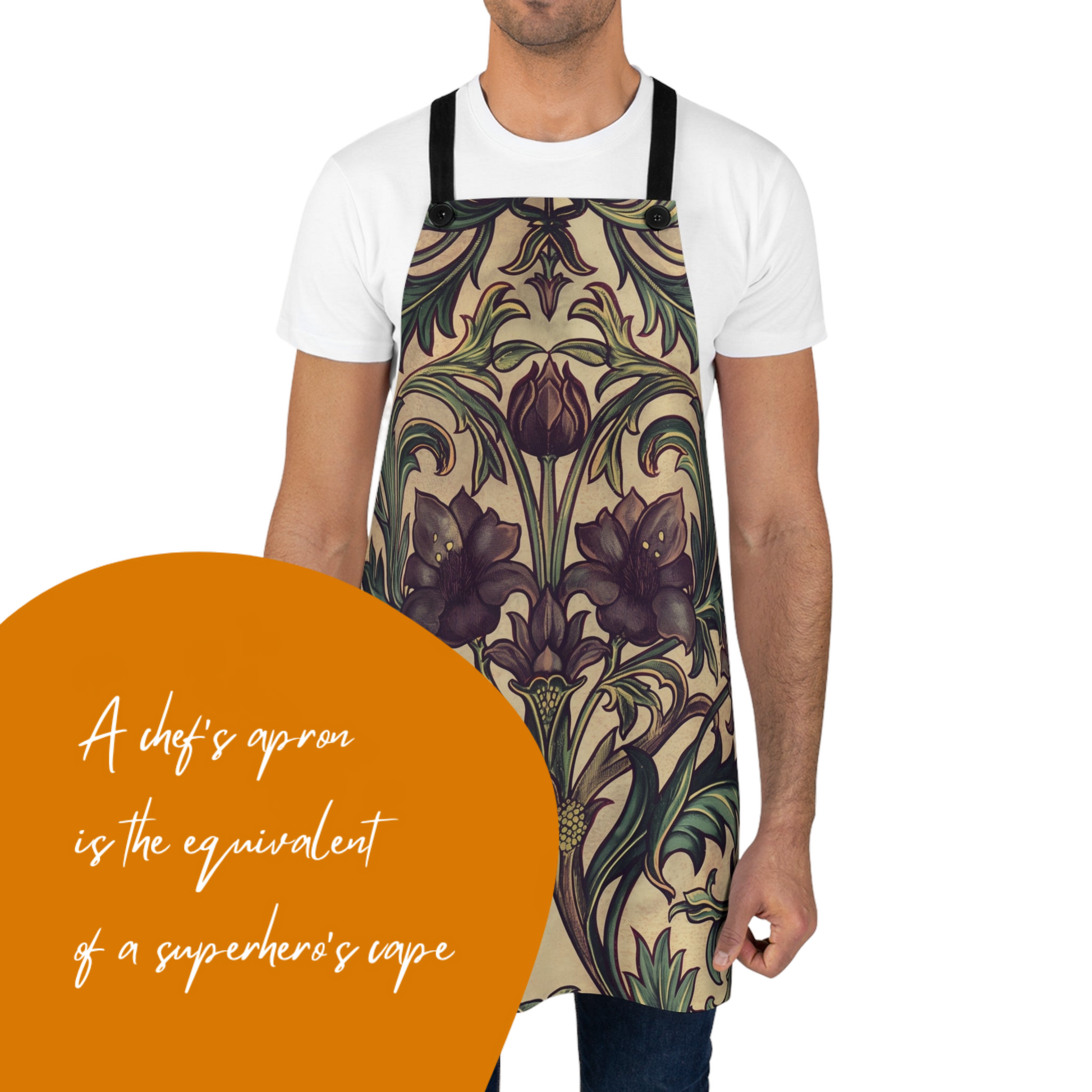 a man wearing an apron with a quote on it